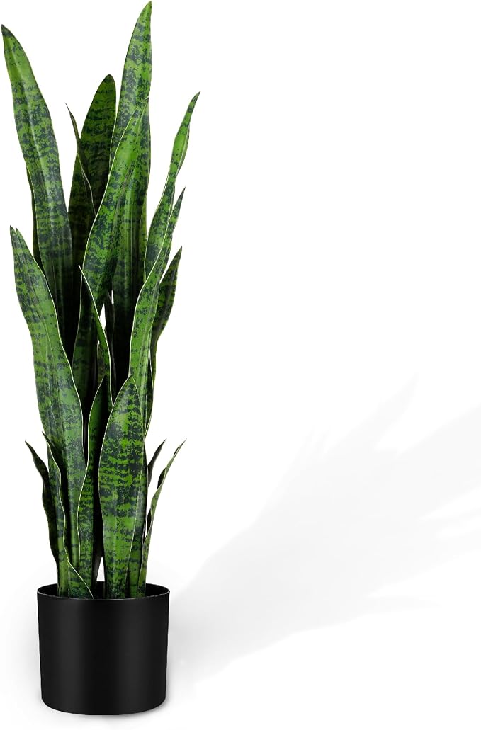 KOL 3ft Artificial Snake Plant, Fake Sansevieria Potted Plants, with Thick Lifelike Faux Leaves, Indoor Home Office Decor, Mother-in-Law Tongue Houseplant, 35in, Green