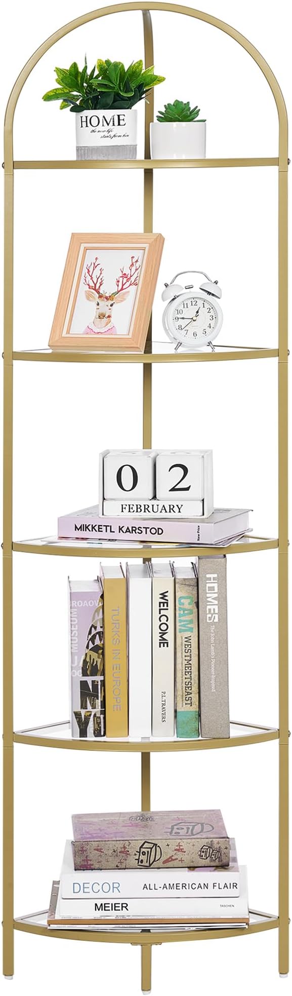 Homhedy 5-Tier Gold Corner Shelf Stand, Metal Corner Bookshelf | Display Shelf, Tempered Glass Shelves, Plant Stand, Storage Rack Shelf for Bedroom, Living Room, Home, Office, Gold
