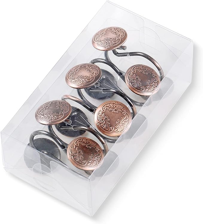Chictie Bronze Shower Curtain Hooks Rings-Oil Rubbed Decorative Shower Curtain Hooks,Set of 12 Metal Rustproof Shower Hangers Rings for Bathroom Curtains Rods Vintage Brown Pattern Design