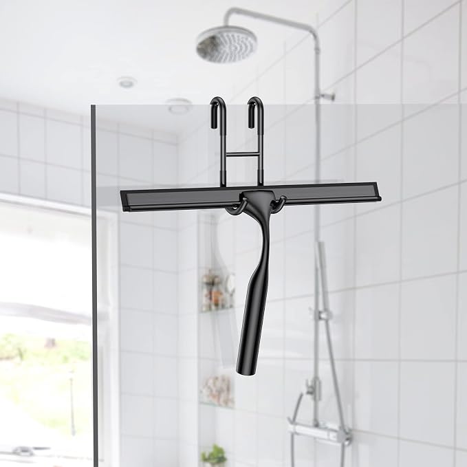 Black Shower Squeegee for Glass Door 12-Inch Bathroom Squeegee Window Wiper, with Shower Door Hook, Adhesive Hook, Spare Silicone Blade for Window Mirror Car All-Purpose Squeegee