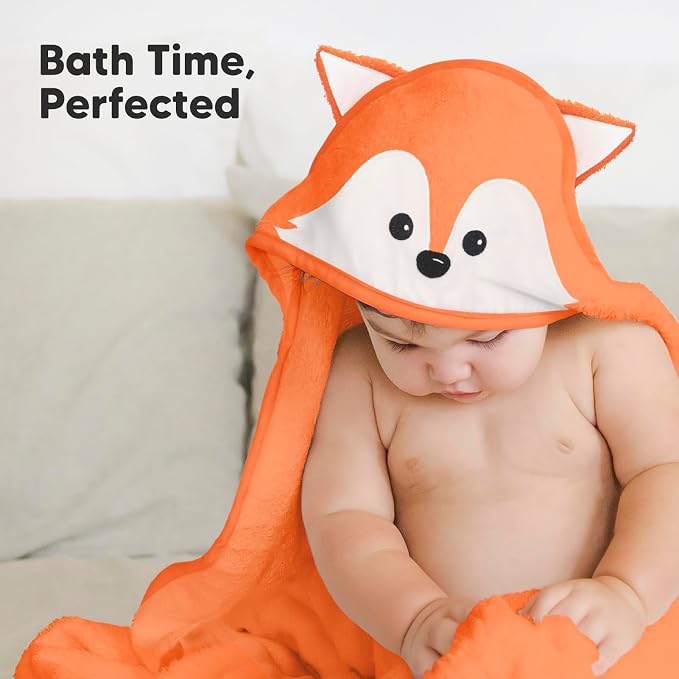 KeaBabies Hooded Baby Towel for Newborn, Baby Bath Towels (Fox, 35x35) | Viscose Derived from Bamboo, Large Baby Towels with Hood, Boys, Girls, Toddler, Soft Absorbent Baby Bath Essentials