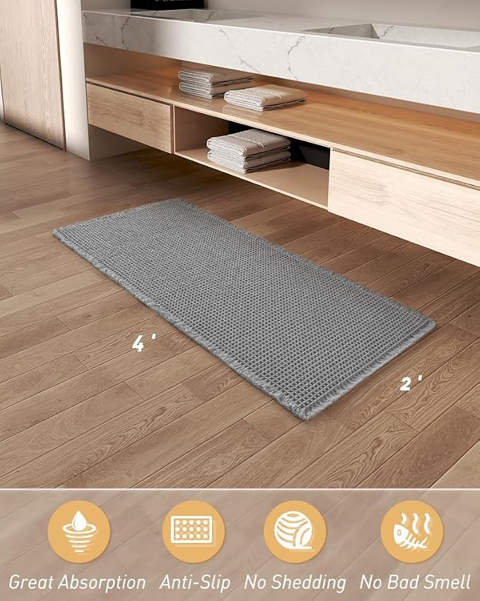 Upgraded Waffle Runner Rug, Super Absorbent Non Slip Bath Mats for Bathroom Floor, Washable Bathroom Runner Rug with Tassels, Ideal for Hallway Bedroom Laundry Room, Light Grey, 2'x 4'(24" x 48")