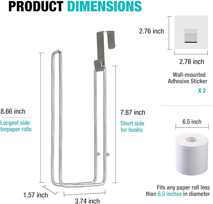 Conworld Toilet Paper Holder for 2 Roll Tissue, Over The Tank Toilet Paper Holder, Stainless Steel Rustproof Toilet Paper Storage Wall Mount, for Rv, Bathroom Storage and Organization, Silver, 1 Pack