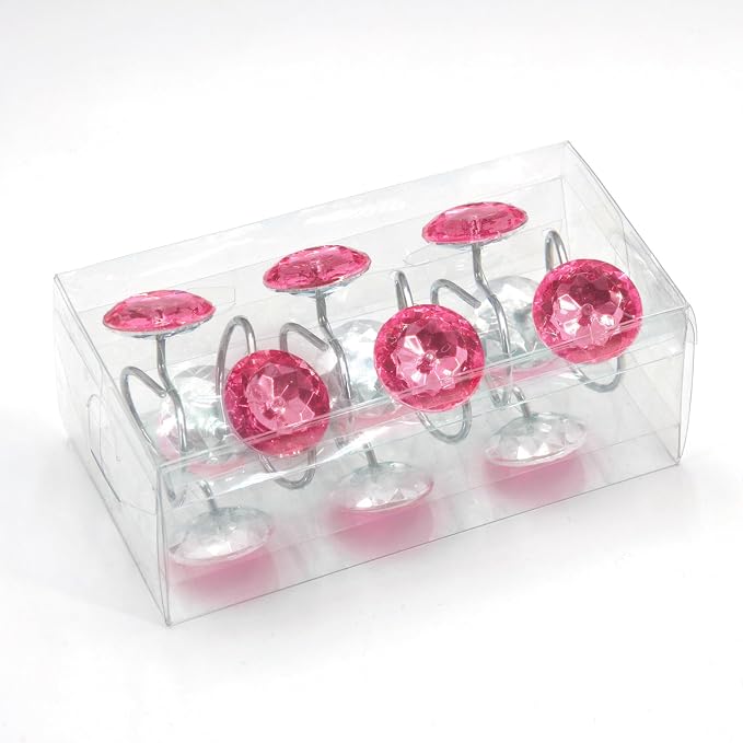 Crystal Diamond Round Shower Curtain Hooks Rings for Bathroom,Pink,12PCS | Acrylic Decorative Rhinestones Bling Shower Hooks Rings,for Bathroom Curtains Rod,Gem Metal Rust Proof Shower Hangers
