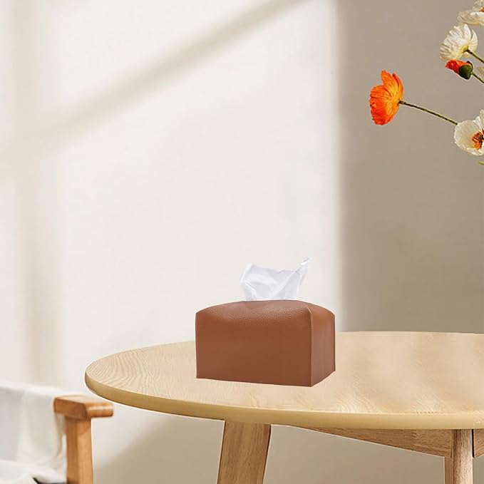 1PC Extra Large Rectangle Tissue Box Cover, PU Leather Rectangular Tissue Box Holder with Bottom Belt Plus Size Tissue Box Organizer for Bathroom/Car/Hotel/Office (9.5’’x5’’x5’’, Brown)