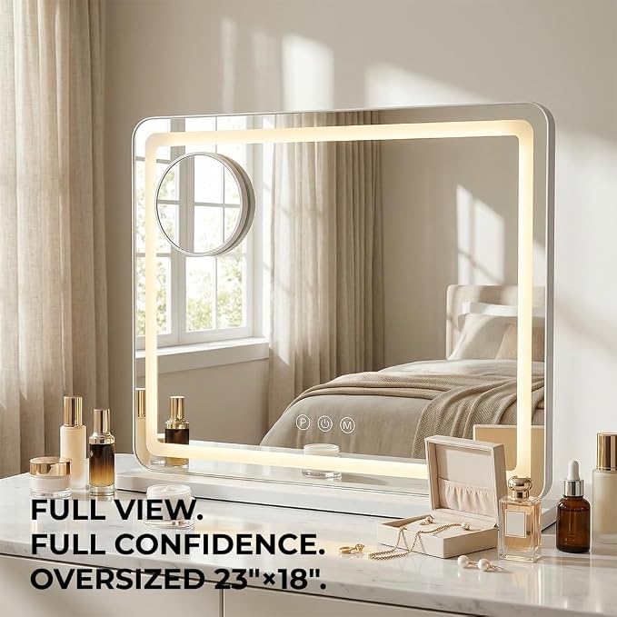 18" x 23" Vanity Mirror with Light, Lighted Makeup Mirror | 3 Color Lighting and Stepless Dimming, Plug-in Required, Memory, Easy Installion, Smart Touch, White