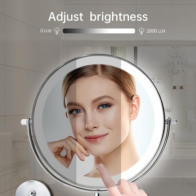 FUNTOUCH 5000mAh Rechargeable Wall Mounted Lighted Makeup Mirror 1X30X | Double Sided 1X 30X Magnifying, 3 Color Lighting, Touch Screen Dimming, Extended Arm 360 Rotation Shaving Bathroom Mirror