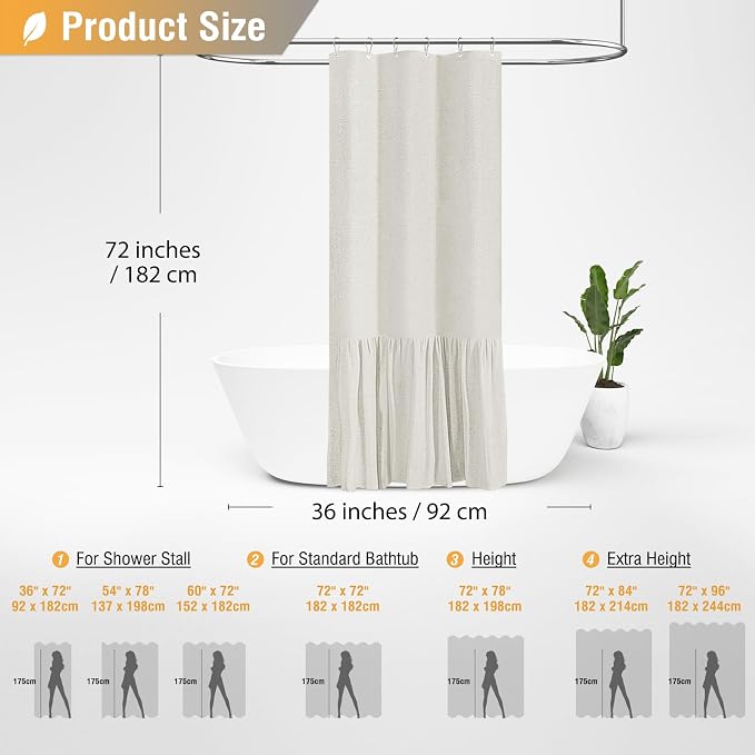 Stall Linen Ruffle Farmhouse Cloth Shower Curtain, 36x72, Natural | Ruffle Hem, Heavy Duty Fabric, 6 Hooks, Elegant Drape, Shabby Chic Style, Bathroom Decor, Machine Washable, Easy To Install