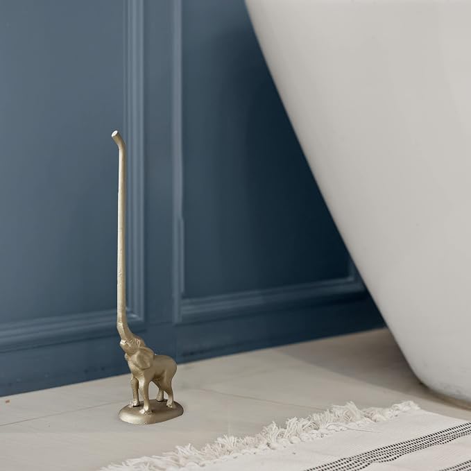 Gold Paper Towel Holder, Metal Toilet or Kitchen Paper Holder for Floor or Countertop, Gold Elephant | 18.6 inch tall gold cast iron hand towel holder for kitchen countertop or bathroom with weighted base, no assembly
