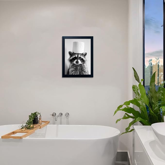 Funny Raccoon Wall Decor Bathroom Animal Wall Art Raccoon With a Toilet Paper Roll on the Head Toilet Humor Decor Framed Black and White Cute Farmhouse Picture