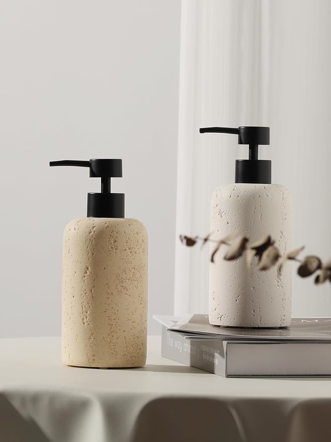2 PCS Hand Soap Dispenser Set,13.53 OZ,Faux Travertine,Yellow | Modern,Refillable Empty Bottle Pump For Hand Dish Soap,Shampoo and Conditioner,Lotion Jar,for Bathroom Countertop Kitchen
