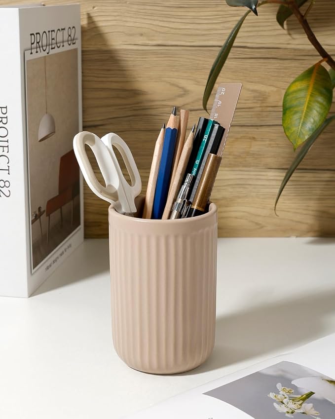 BosilunLife Ceramic Toothbrush Holder - 12oz Bathroom Toothbrush Holder Tooth Brush Holders Tumbler Cups Reusable Toothbrush Mouthwash Cup Small Toothbrush and Toothpaste Holder, Striped Khaki