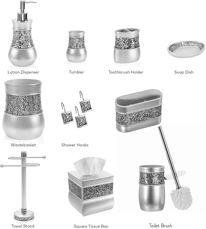 Crackled Glass Silver Free Standing Countertop Fingertip Towel Holder Stand | Unibody Resin Towel Rack For Bathroom or Kitchen Counter Top Decor