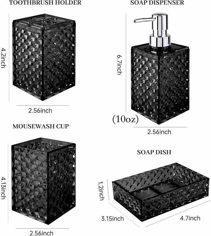 Bathroom Accessory Set, Grid Pattern 4 Pcs Plastic Bathroom Set, Black | Include Soap Dispenser, Soap Dish, Toothbrush Holder, Mouthwash Cup, Modern Bathroom Decor Set