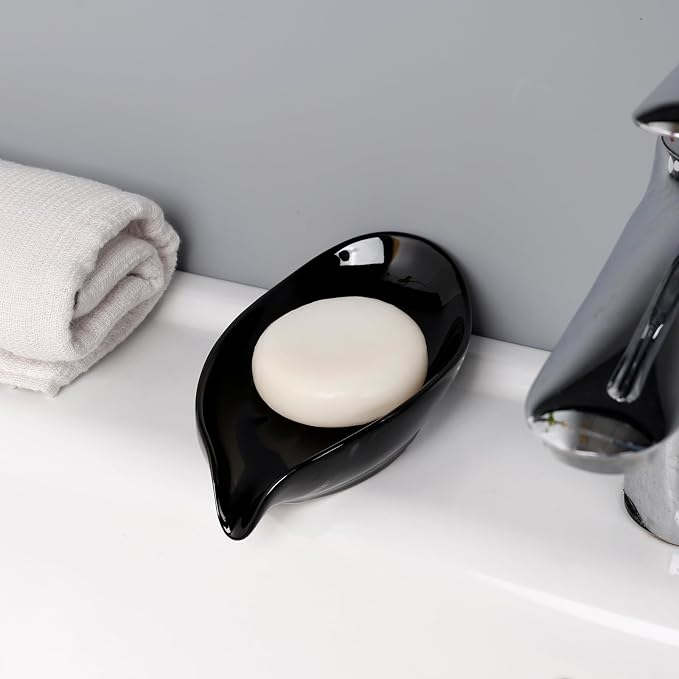 Soap Dish, Self Draining Soap Dishes 2PCS, Leaf Shape Ceramic Bar Soap Holder Drain Soap Dishes for Bathroom Sink Kitchen, Easy to Clean Keeps Soap Dry, Black, ANTIS'S HOME