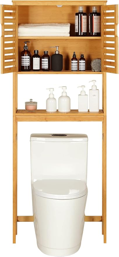 Over The Toilet Storage Cabinet, Tall Bathroom Cabinet Organizer with Cupboard and Adjustable Shelves, Freestanding Toilet Shelf Space Saver Rack Stand for Laundry Room, Balcony, Bamboo
