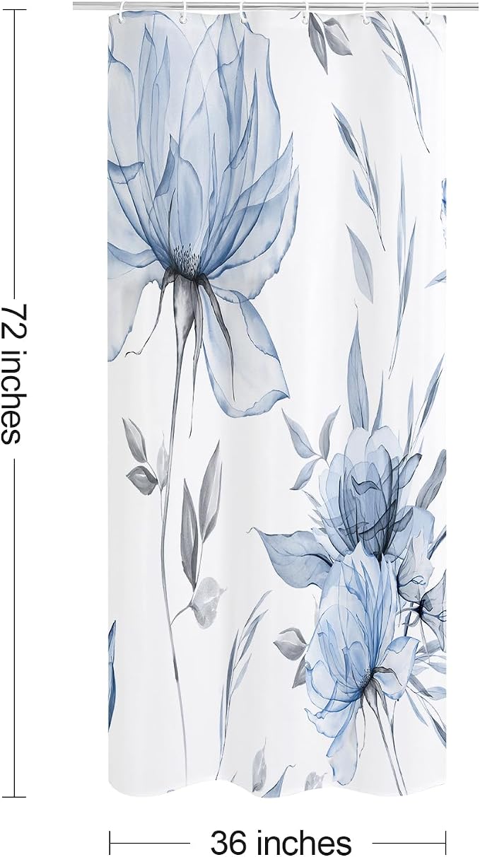 Litabel Small Stall Boho Watercolor Floral Shower Curtain 36 x 72, Blue and Grey Ink Painting Style Flower Shower Curtains for Chic Elegant Bathroom, Artistic Narrow Half Size Shower Curtain