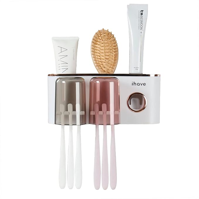 iHave Toothbrush Holders for Bathrooms Wall Mounted with Dispenser & 2 Cups | 6 Slots Wall Mount Toothbrush Holders for Bathrooms with Squeeze Toothpaste Dispenser, 2 Cups & 2 Compartments Organizer