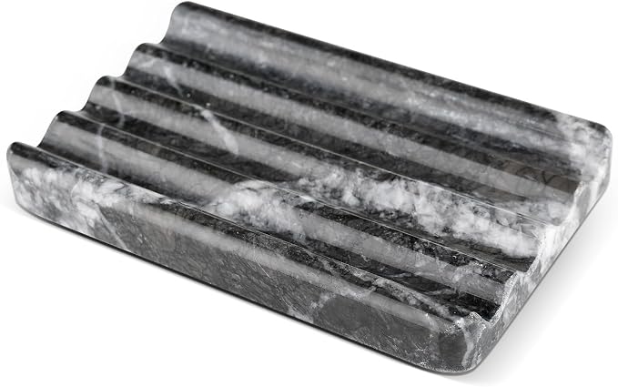 Karibiber Marble Soap Dish, Bar Soap Holder Shower, Black Soaps Bathroom Saver with Water Ripple Design, Easy Cleaning Natural Stone Sponge Holder for Kitchen Sink, Executive Jewelry Ring Tray