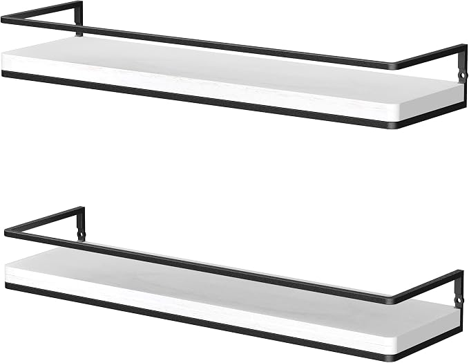 Meangood Floating Shelves Wall Mounted Set of 2, Rustic Wood Wall Storage Shelves for Bedroom,Living Room,Bathroom, Kitchen (White)