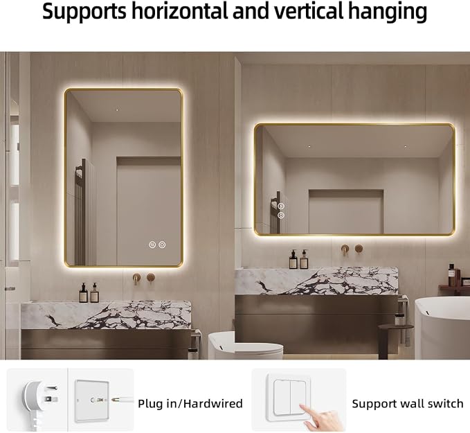 24" x 36" Gold LED Bathroom Mirror with Lights, HD Reflection | Lighted for Vanity, Anti-Fog, 3-Color Stepless Dimmable, Memory, Shatterproof, UL-Listed, Wall Backlit Mirror, Easy Mounting