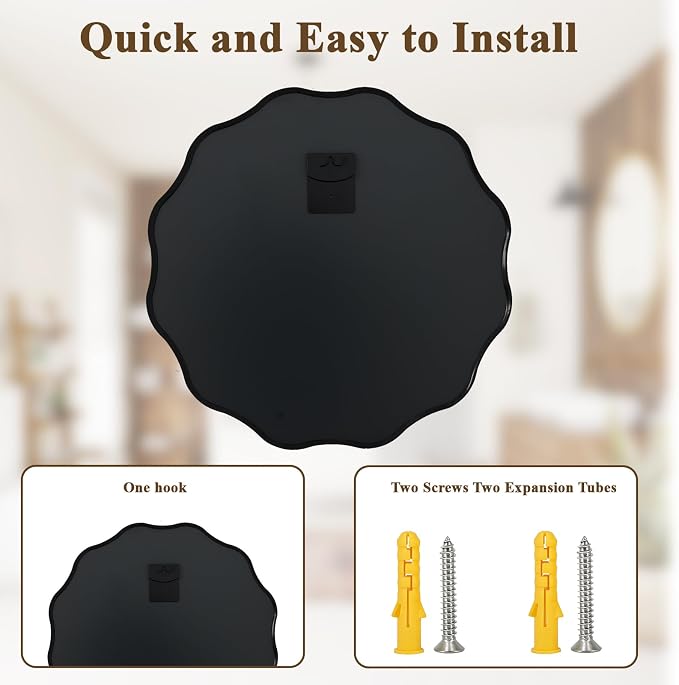 Black Scalloped Circle Mirror 20" Wavy Edge Round Wall Mirror | Tempered Glass Textured Circular Metal Deep Frame, Hanging Leaning for Bathroom, Hallway, Entryway, Living Room