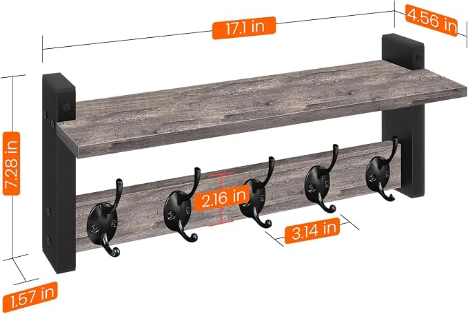 Wall Hooks with Shelf, Coat Rack Wall Mount, Entryway Shelf with Hooks for Clothes, Backpack, Key, Purse - Rustic Grey