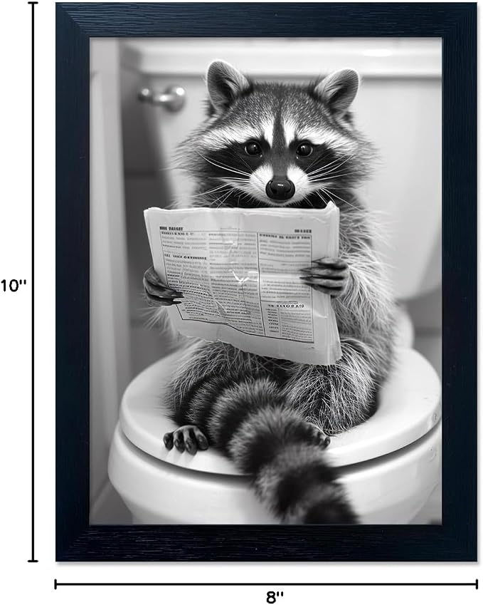 Funny Raccoon Bathroom Wall Decor Animal Wall Art Black and White Raccoon on Toilet Canvas Picture Print Farmhouse Framed Cute Painting Restroom Decoration Ready to Hang
