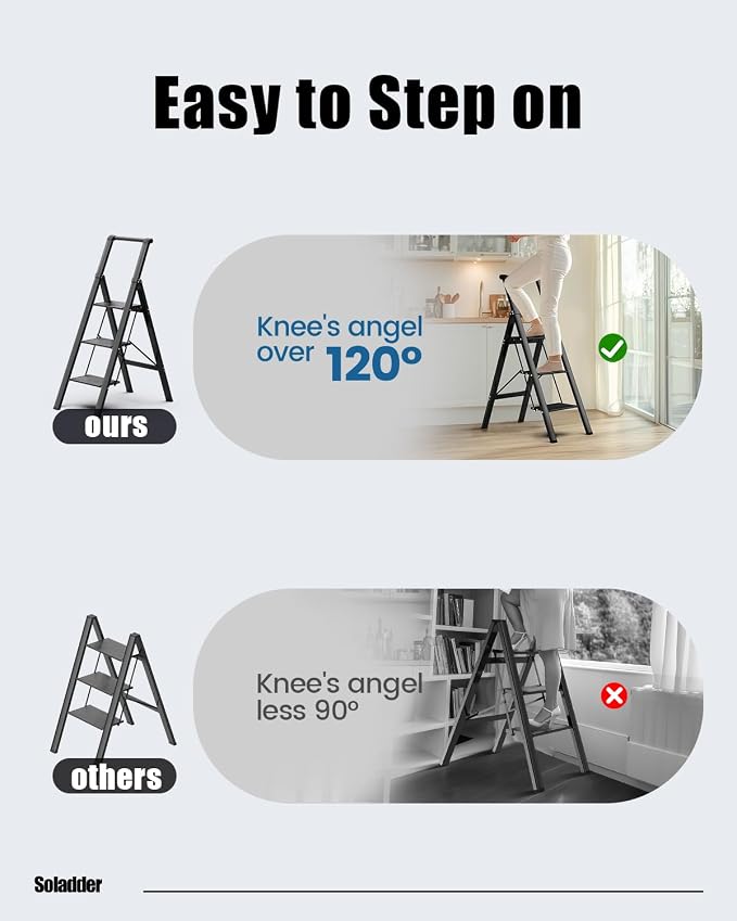 3 Step Ladder, Folding Step Stool, Lightweight Stepladder, Black | Anti-Slip 7.9'' Wide Pedal;Portable Handrail;Space-Saving;For Kitchen, Home, Library, Office Use;300lbs Capacity