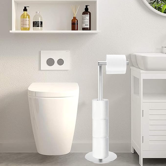 Freestanding Toilet Paper Holder Stand, Stainless Steel Bathroom Tissue Roll Storage with Reserve for 4-5 Rolls, Rustproof Modern Holder with Anti-Slip Base for Bathroom (Silver)