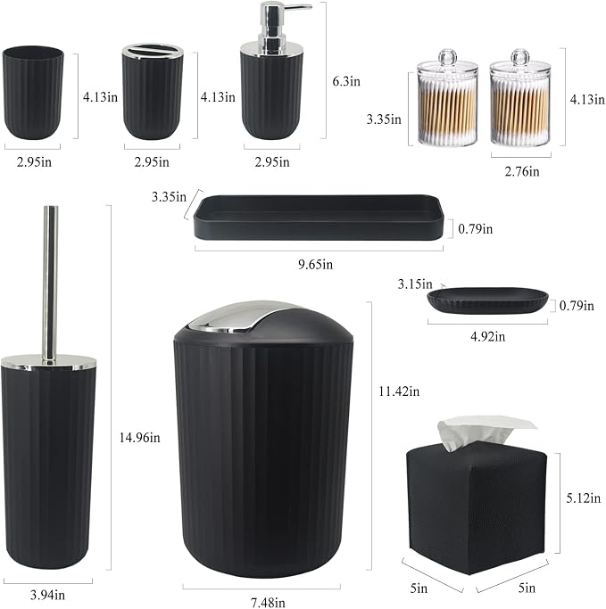 Bathroom Accessory Set, 10 Piece Black Bathroom Set Complete | Includes Trash Can, Soap Dispenser, Toothbrush Holder, Soap Holder, Tumbler, Toilet Brush, Tray, Qtip Holders, Tissue Cover