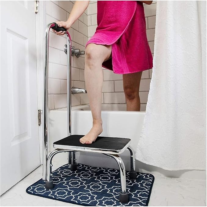 DMI Step Stool with Handle and Non Skid Rubber Platform, Lightweight and Sturdy Stool for Seniors, Adults and Children, Holds up to 300 Pounds with 9.5 Inch Step Up, 17.3"D x 12.3"W x 34"H, Chrome
