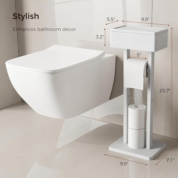 4-in-1 White Toilet Paper Holder Stand with Storage Shelf Box | Bamboo Free Standing Toilet Tissue Roll, Toilet Wipes Dispenser Organizer, Temporary Desktop for Modern Bathroom Organizer
