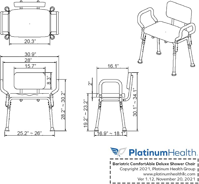 Platinum Health Comfortable Deluxe Padded Shower and Bath Chair with Armrests, for Elderly and Seniors, Extra Large, 600lb High Capacity, Institutional Quality, Blue
