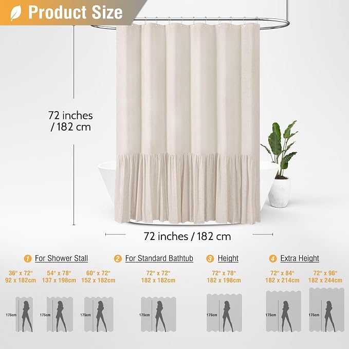 Linen Ruffle Modern Farmhouse Cloth Shower Curtain, 72x72, Beige/Cream | Ruffle Hem, Heavy Duty Fabric, 12 Hooks, Elegant Drape, Shabby Chic Style, Bathroom Decor, Machine Washable, Easy To Install