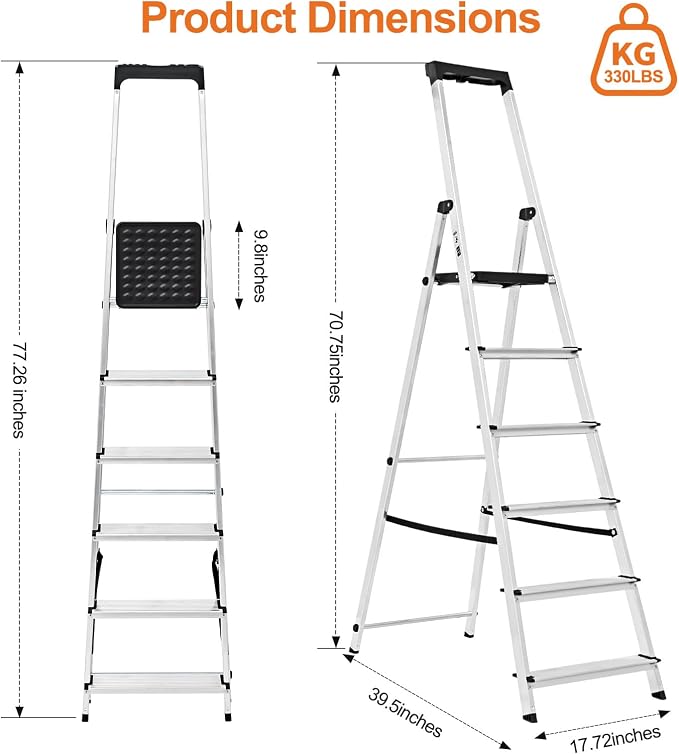 Sweetcrispy 6 Step Ladder, Folding Aluminum Step Stool, 330lbs | Stepping Stool with Anti-Slip Wide Pedal, Tool Tray, Aluminum Ladders, Safety Household Ladder for Home Kitchen Outdoor