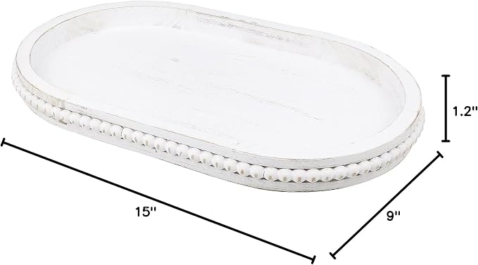 Hrastany Oval Wood Serving Tray with Wooden Beads, Outdoor Farmhouse Decorative Tray for Ottoman, Coffee Table, Kitchen Counter Organizer, Home Decor(Whitewashed)