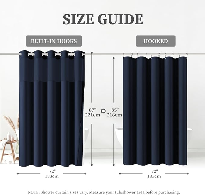 72x87 Ringless Linen Look Shower Curtain with Snap in Liner, Navy Blue | Extra Long Size, 3 in 1 Durable Fabric Shower Curtain, Removable Liner, Waterproof & Washable, Mesh Top Window, Easy Setup