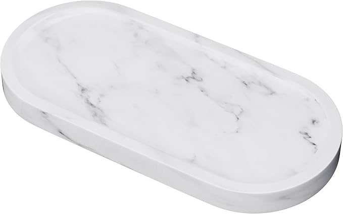 Decorative Trays with Natural Patterns,9.8x4.7x0.7in,Carrara White | Pure Marble Vanity Tray with Anti Slip Foot Pads, Polishing Pallet,Elliptical Stone Bathroom Organizer,Platter for jewelry