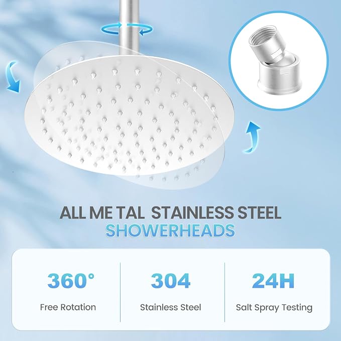 10 Inch Brushed Nickel Round Rain Shower Head, All Metal Stainless Steel Rainfall Shower Heads with 100 Anti-Clog Silicone Nozzles, Wall or Ceiling Mount