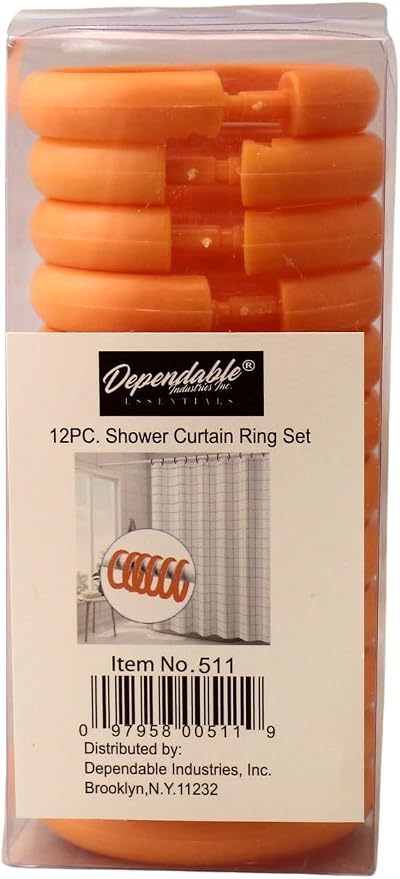 12 Piece Plastic Basic Locking Round Hook Easy Gliding Shower Curtain Rings Fits All Standard Size Shower Rods (Orange)