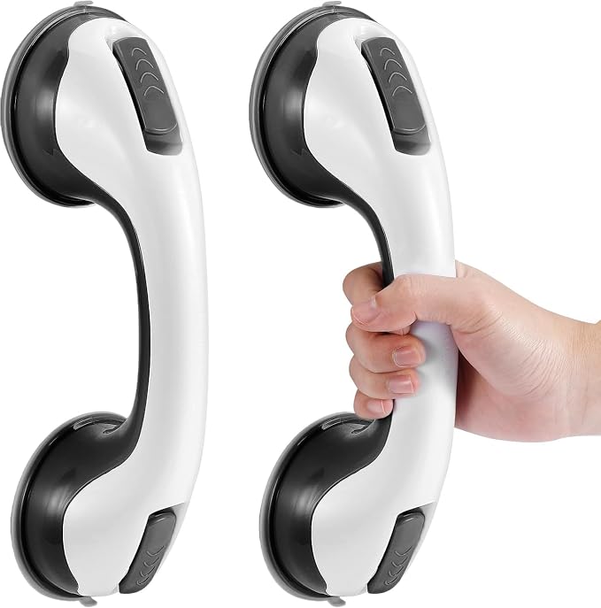 KVANT Grab Bars for Shower, 12 Inch Shower Handle for Seniors, 2 Pack Black | Strong Suction Cup, for Elderly, Handicap, Bathroom Wall, No Drill, Waterproof, Anti-Slip, Removable