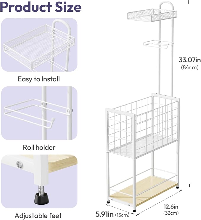 SWTYMIKI Freestanding Toilet Paper Holder - 4-Tier Free Standing Toilet Paper Holder Stand with Shelf, Bathroom Storage Rack for Extra Rolls, Magazines, Wet Wipes, Bathroom Essentials, White