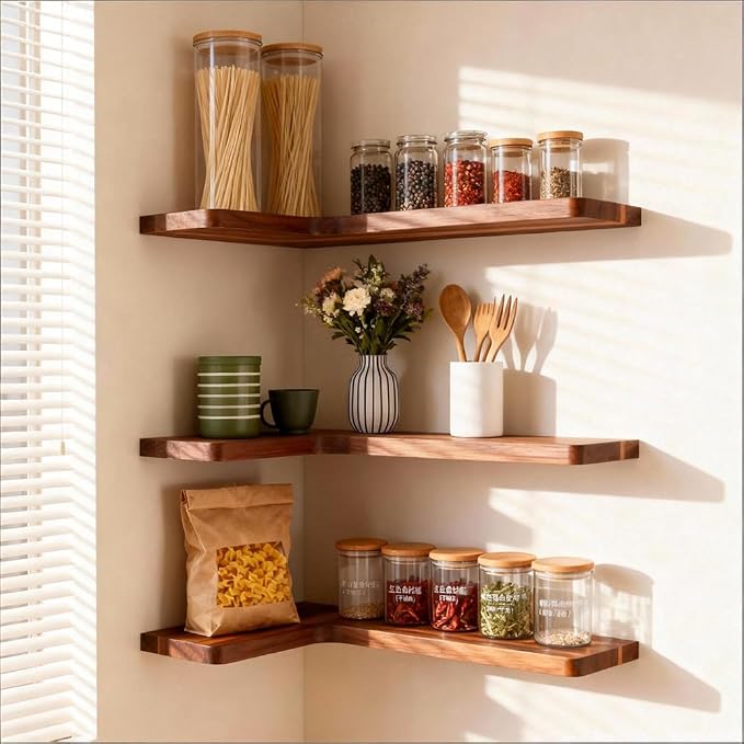 Floating Corner Shelves, Wall Shelf Set of 3, Shelves for Wall Storage, Solid Wood Shelves for Storage, Wall Mount Wooden Display Shelf for Bathroom Bedroom Kitchen Garage (Acacia, 3pcs)