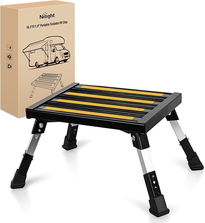 Nilight RV Steps Folding Aluminum Step Stool Heavy Duty Camper Steps, 16.5"x12" Surface, 4 Levels Adjustable Height Portable Platform Step Anti-Slip Rubber Feet Supports Up to 500lbs for Camper,Black