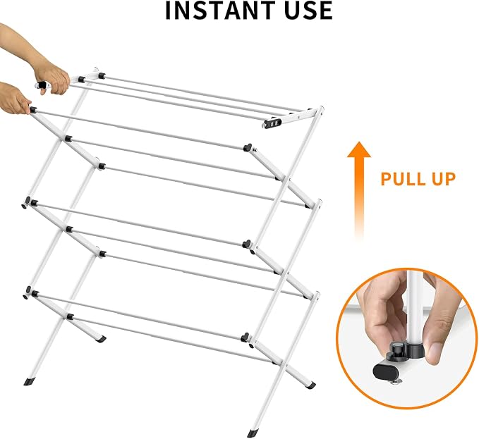 3 Tier Clothes Drying Rack, Foldable Drying Rack Clothing,Indoor & Outdoor Laundry Rack for Drying Clothes,Space-Saving Design, Metal Collapsible Dryer Racks for Laundry, White