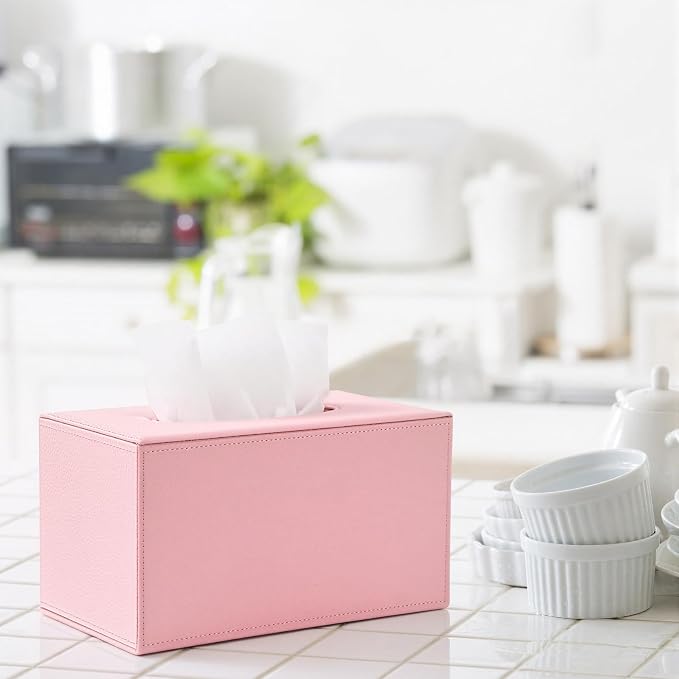 Sumnacon Large Tissue Box Cover Rectangle,Magnetic Bottom Tissue Box Holder | Decorative Lychee Pattern PU Tissue Box Cover Rectangular for Bathroom Toilet Bedroom Living Room Table Home Office Car,Pink
