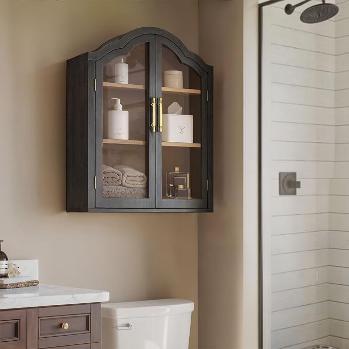 Arched Wall Cabinet Above Toilet Cabinet, 31.5×23.6 Inch Wall Mounted Cabinets with Tempered Glass Doors & Adjustable Shelves, Wood Organizer for Laundry Room, Kitchen, Bathroom (Black)