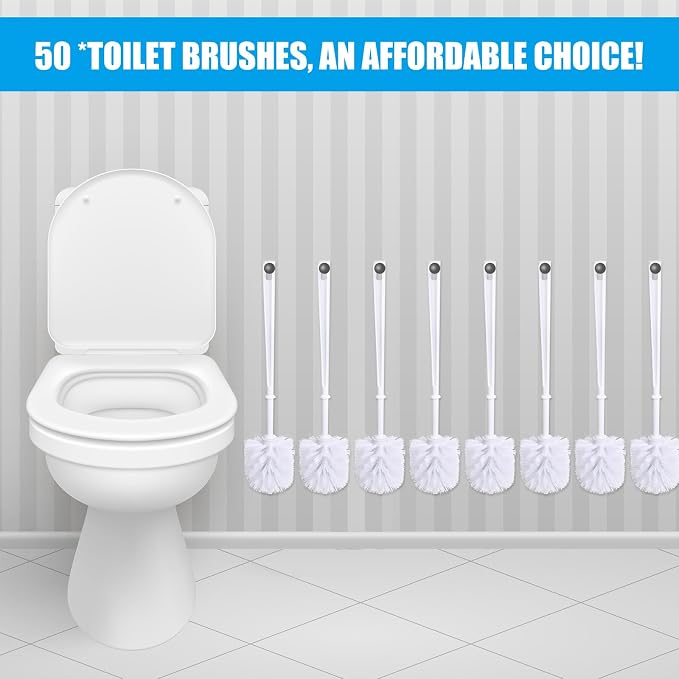 50 Pcs White Toilet Brush, Bathroom Toilet Bowl Brush, Soft Bristle Long Handle Plastic Toilet Scrubber for Bathroom