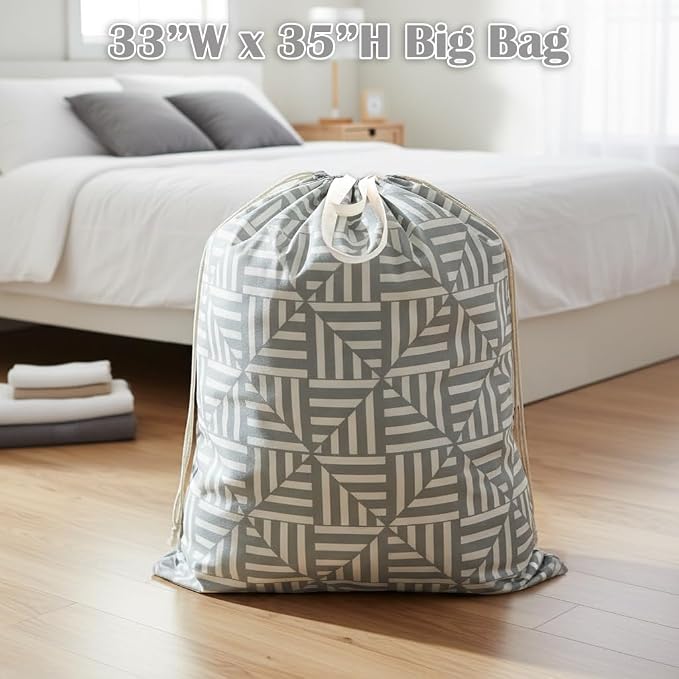 Canvas Laundry Bag with Handles & Drawstring, XL 33"Wx 35"H, Geometry Gray | Extra Large Heavy Duty Washable Basket Liner Hamper Liner Replacement, Thick Canvas Storage Sack, 1Pack